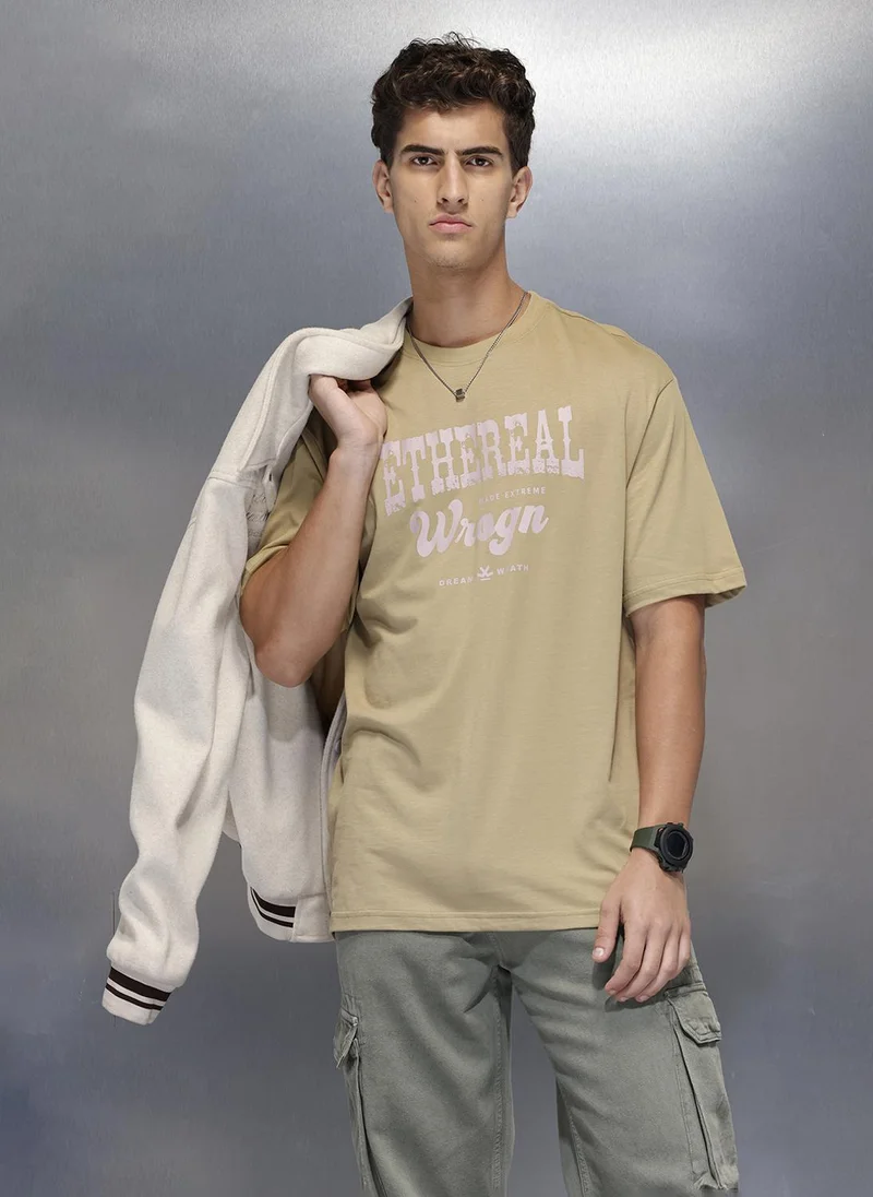 روجن Men’s minimal statement graphic tshirt | Beige